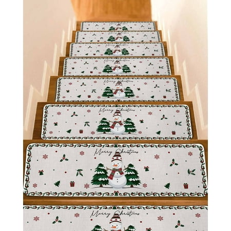 Merry Christmas Stair Treads for Wooden Steps Indoor Runner Rug Carpet Xmas Trees Snowman Snowflake Winter 10 Pieces Peel and Stick Staircase Step Treads Covers Washable Throw Door Mats 30 x8