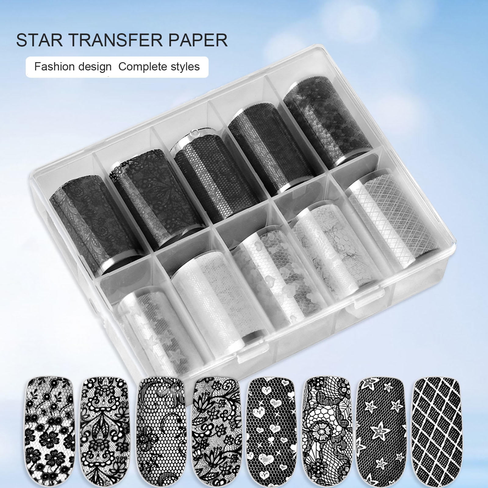 LAZIOEGR 2‑Pack 10‑Grid Nail Foil Transfer Stickers – Black & White Lace, Floral & Star Designs, Easy DIY, Non‑Toxic, Gift‑Ready