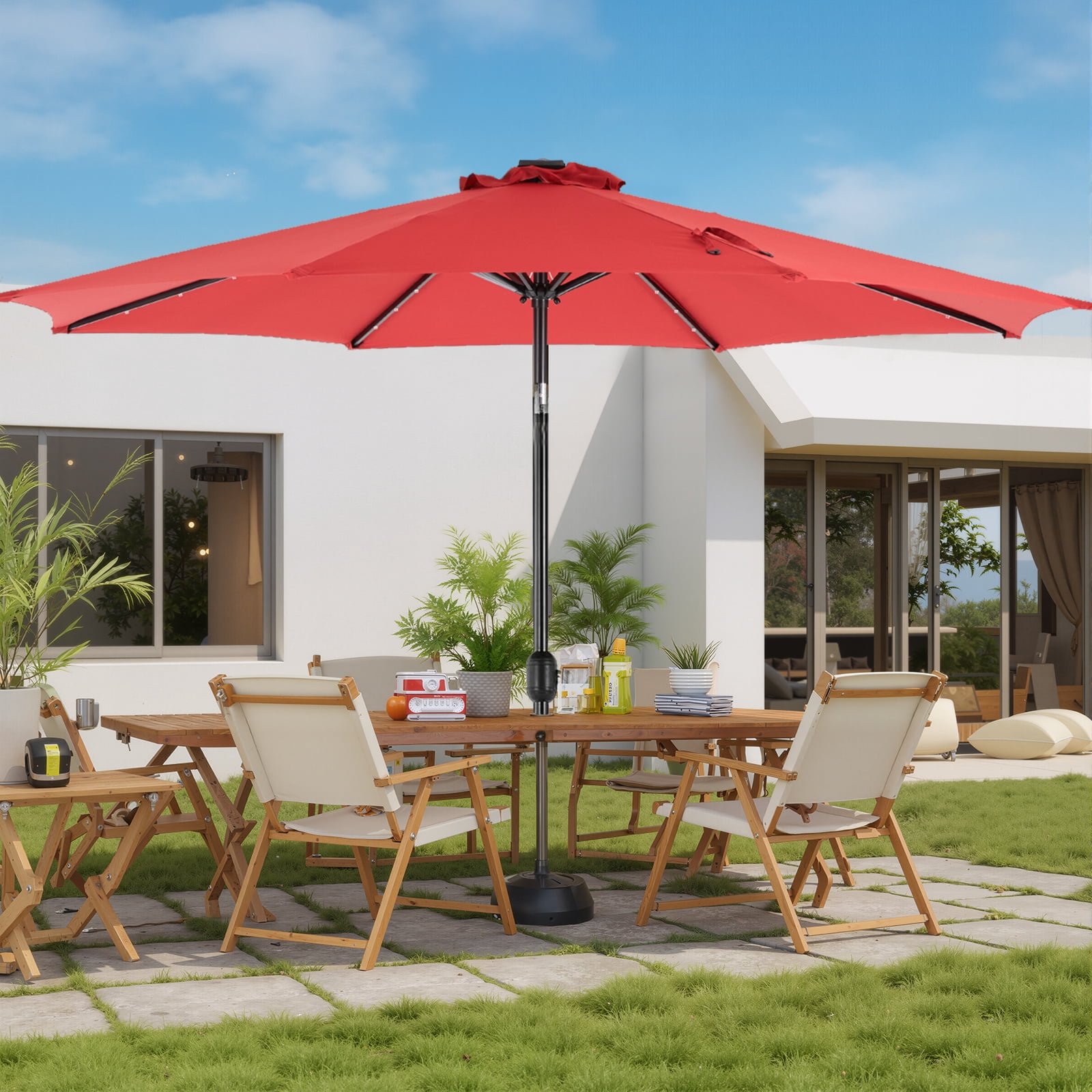 Blorly 10FT Solar Patio Umbrella with 32 LED Lights, Outdoor Umbrellas with Push Button Tilt and Crank, Tilting Table Umbrella with 8 Sturdy Ribs for Market, Beach, Red