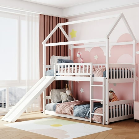 Royard Oaktree Twin Over Twin House Bunk Bed with Roof and Slide Wooden House Bed Frame with Guardrail and Ladder for Kids Boys Girls Teens, No Box Spring Needed, White