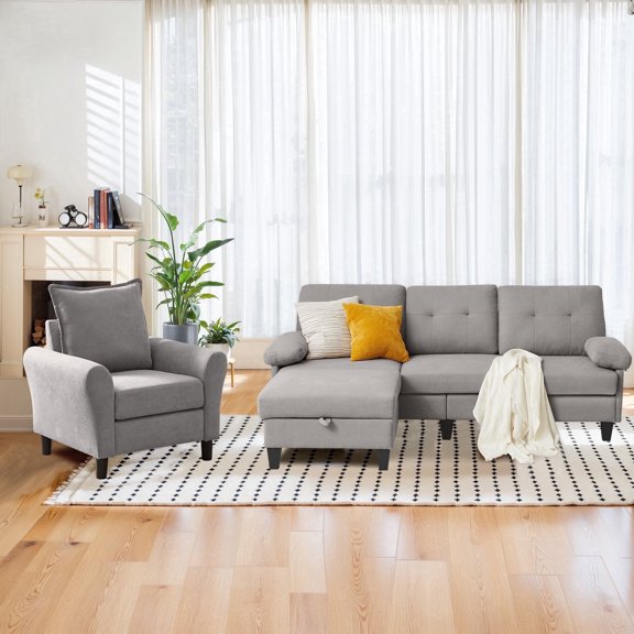 Pingliang Home Sectional Sofa with Storage Ottoman and Accent Chair, 3 Seat L Shaped Couch with Side Pockets and Armchair,Living Room Furniture Set for Home Apartment Office Studio