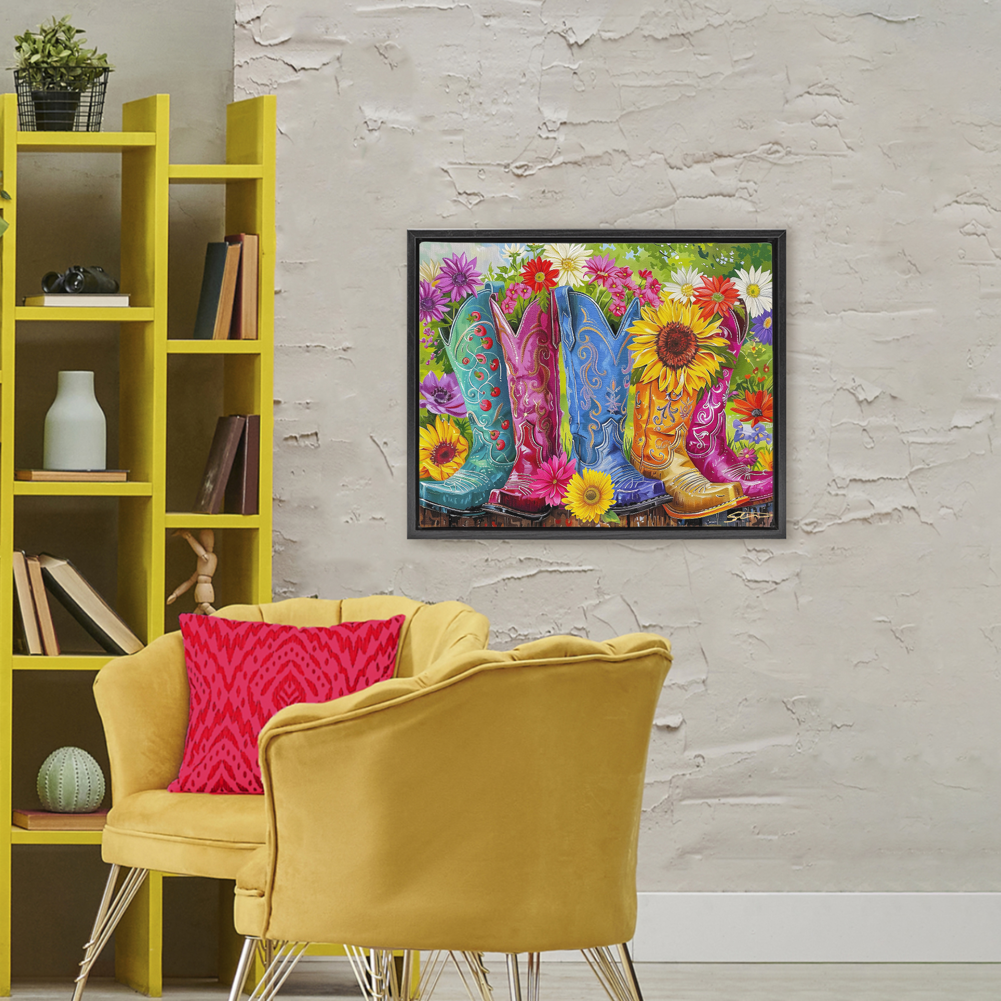 Cowboy Boots and Sunflowers Black Framed Floater Canvas Wall Art, design by Shawna Stewart