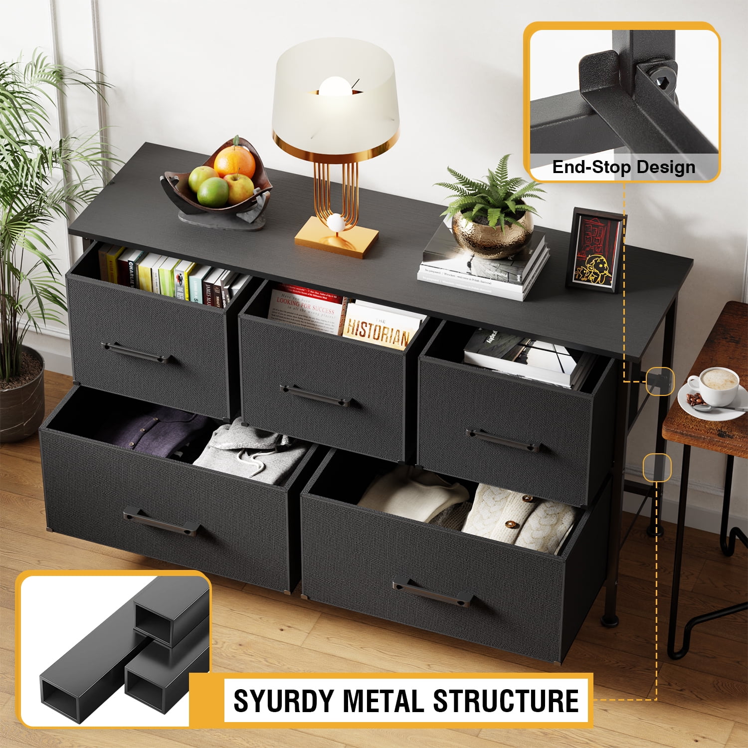 FDW 5 Fabric Drawers Dresser Modern Chest Organizer Black