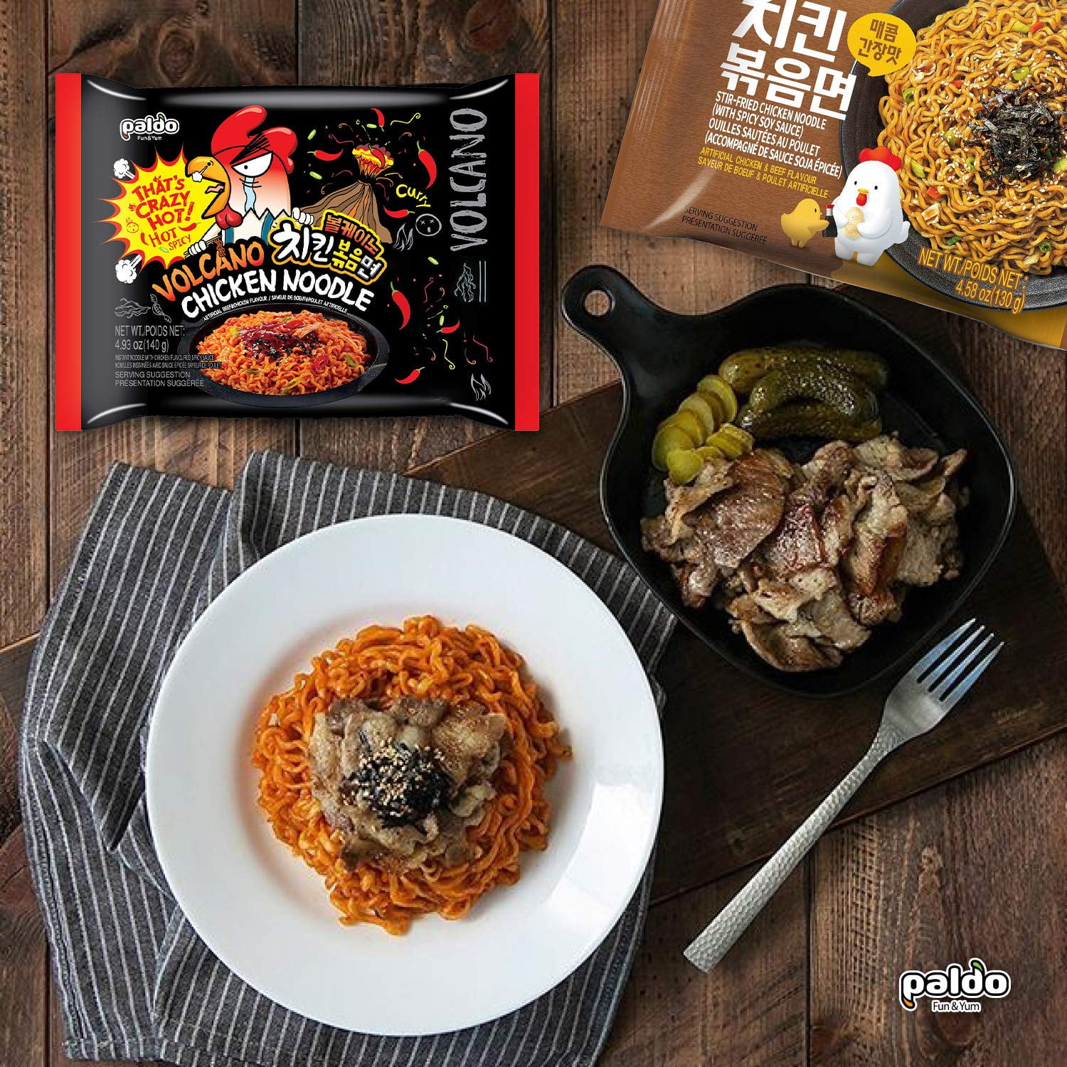 [8 Packs] Paldo Hot & Spicy Chicken Noodles Set, 4 Pack of Volcano & 4 Pack of Soy Seasoning Stir-Fried Noodles Spicy Ramen Challenge, 볼케이노 치킨볶음면 & 매콤 치킨 볶음면