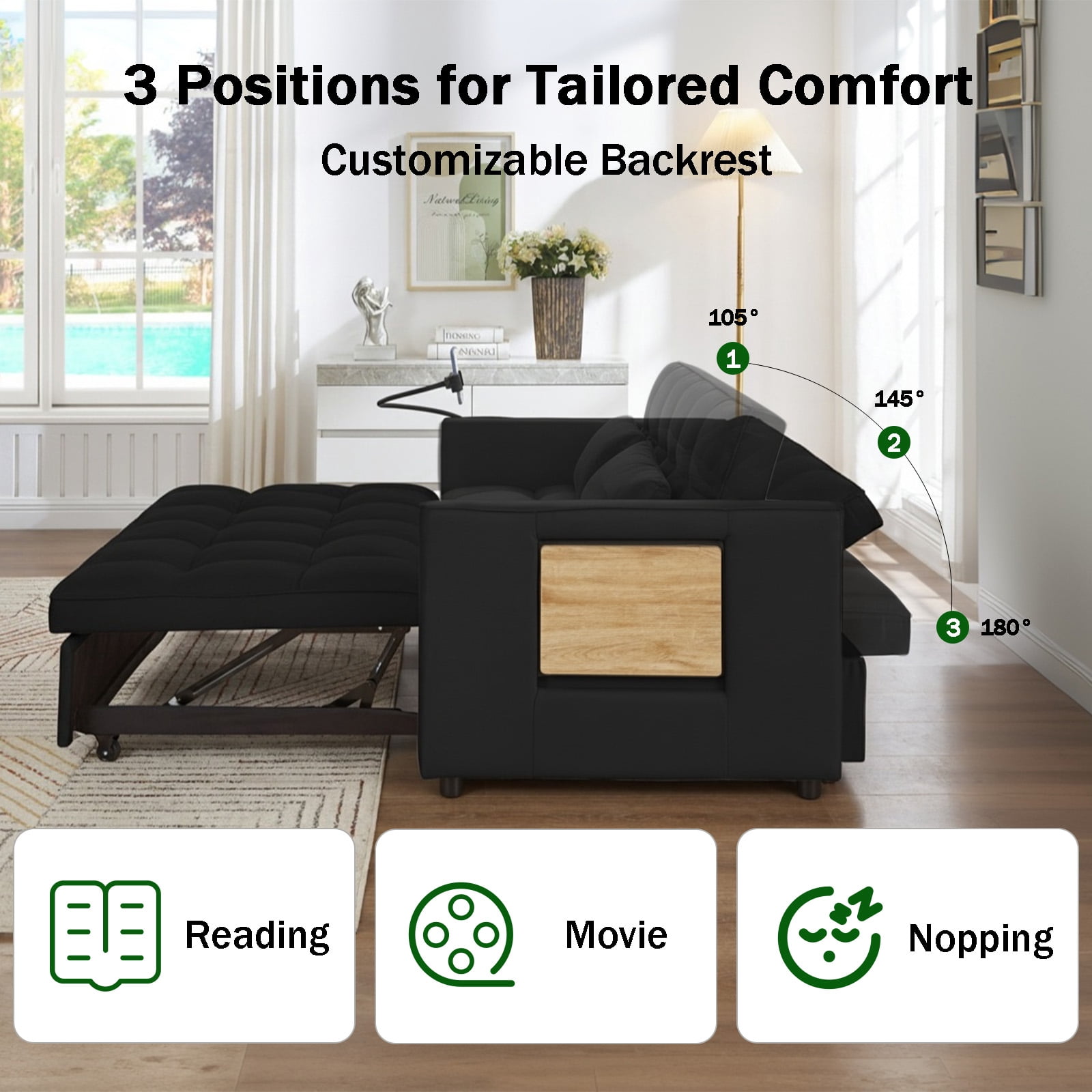 Pull Out Sofa Bed,Full-Size Sleeper Sofa,Velvet Convertible Loveseat Counch with Side Strong Pocket,Multi-Function 2-Seater Sofa Bed with Wheels for Living Room Apartment Guest Room,Black
