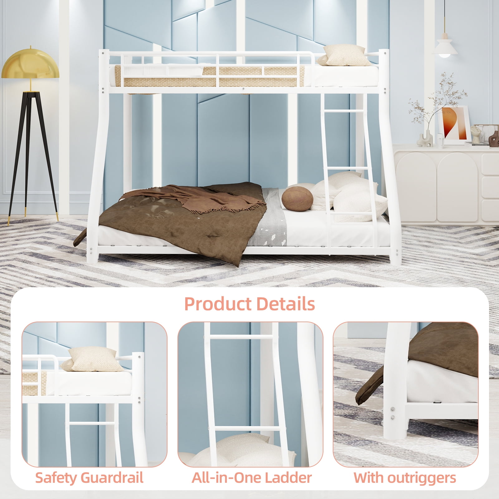 Metal Bunk Bed Twin Over Full Size with Removable Stairs, Heavy Duty Sturdy Frame with 12" Under-Bed Storage for Teen & Adults, Teens, No Box Spring Needed, White