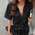 thumbnail image 5 of Short Sleeve Shirts for Women, Women's Dressy Lapel V Neck Denim Blouse, Loose Pullover Short Sleeve Casual Cropped Going Out Tops Spring 2026, 5 of 8