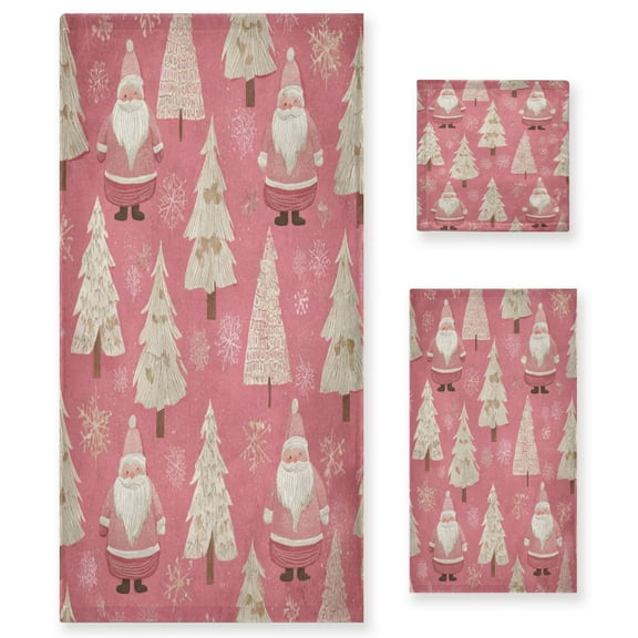 3 Piece Bath Towels Set Bath Towel, Hand Towel and Face Towel for Bathroom, Gym, Hotel Pink Santa Claus Pattern