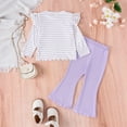 thumbnail image 4 of GYRATEDREAM Toddler Baby Girls Fall Winter Outfits Knit Ribbed Long Sleeve Ruffle Stripe Print Pullover Top + Flare Pants 2Pcs Clothing Set Purple for 12M-5T, 4 of 8