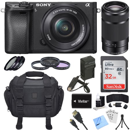 Sony Alpha a6300 ILCE-6300 4K Mirrorless Camera 16-50mm + 55-210mm Lens Bundle includes a6300 Camera, 16-50mm + 55-210mm Zoom Lens, Filter Kits, 32GB SDHC Card, Beachcamera Cleaning Cloth and More!