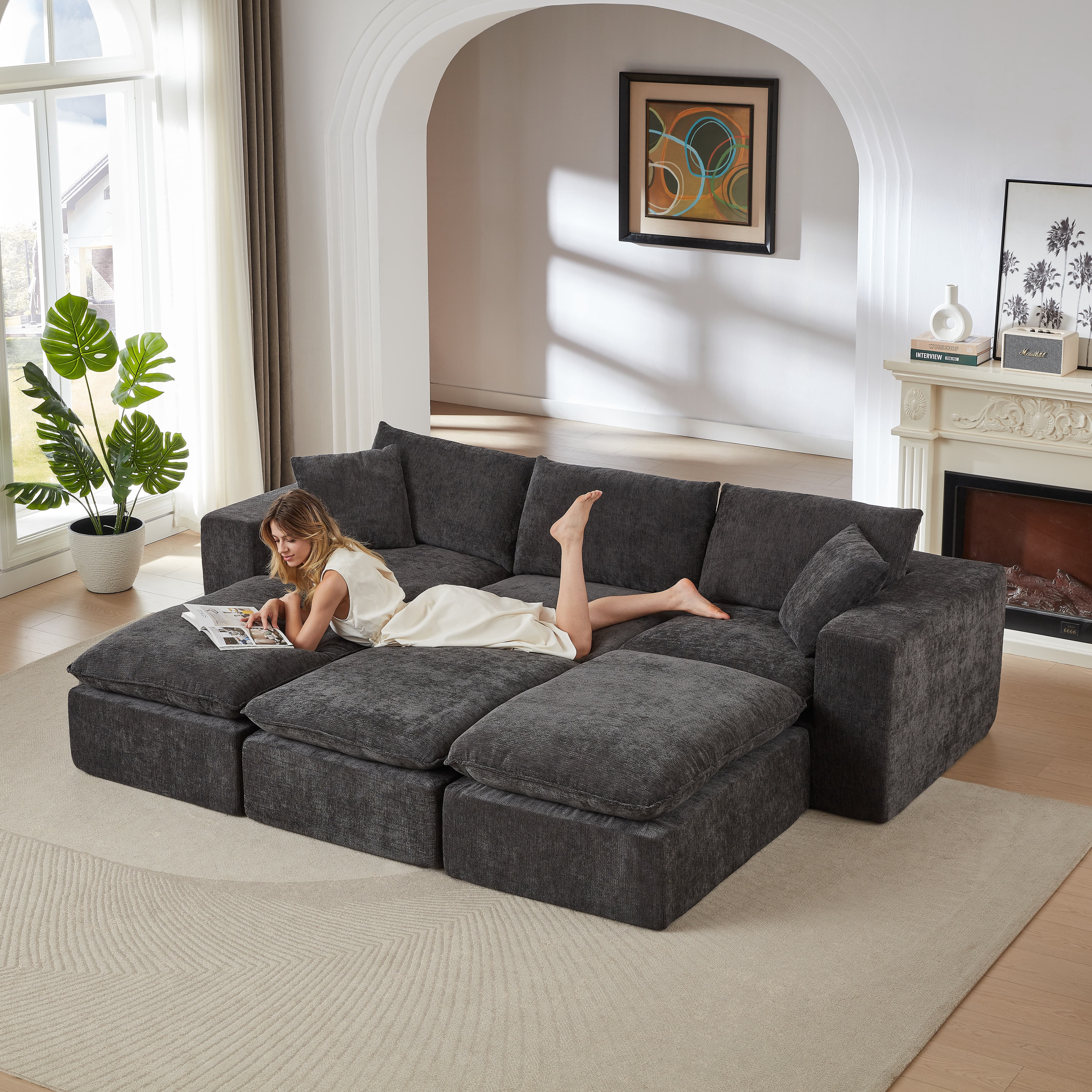 MAYEERTY Modern Modular Chenille Sofa, Dark Gray Cloud-Soft Sectional Couch for Living Room