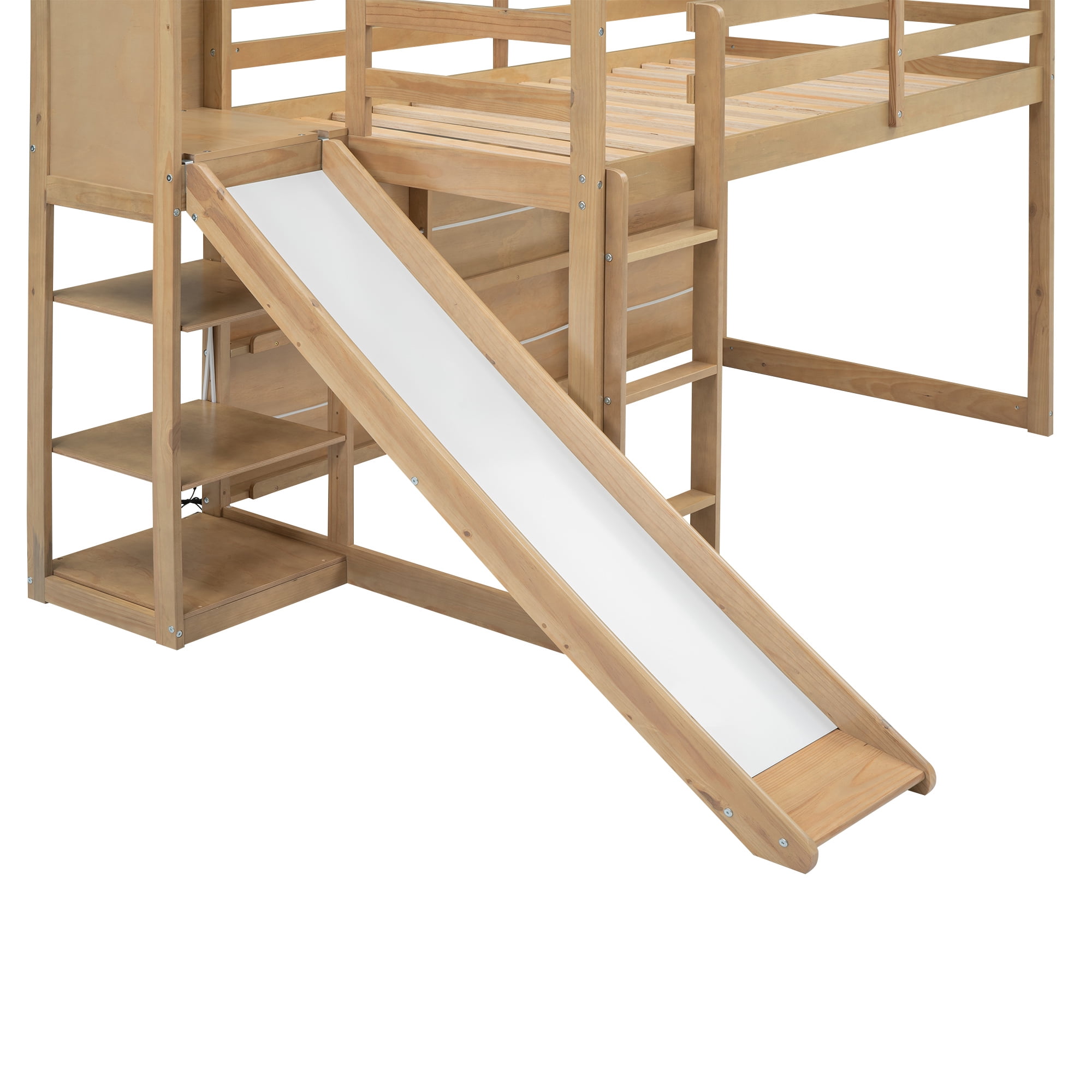 Euroco Wood Twin Size Loft Bed with Shelf and Slide, LED Light Strip and Bookcase for Kids Teens Adults, Wood