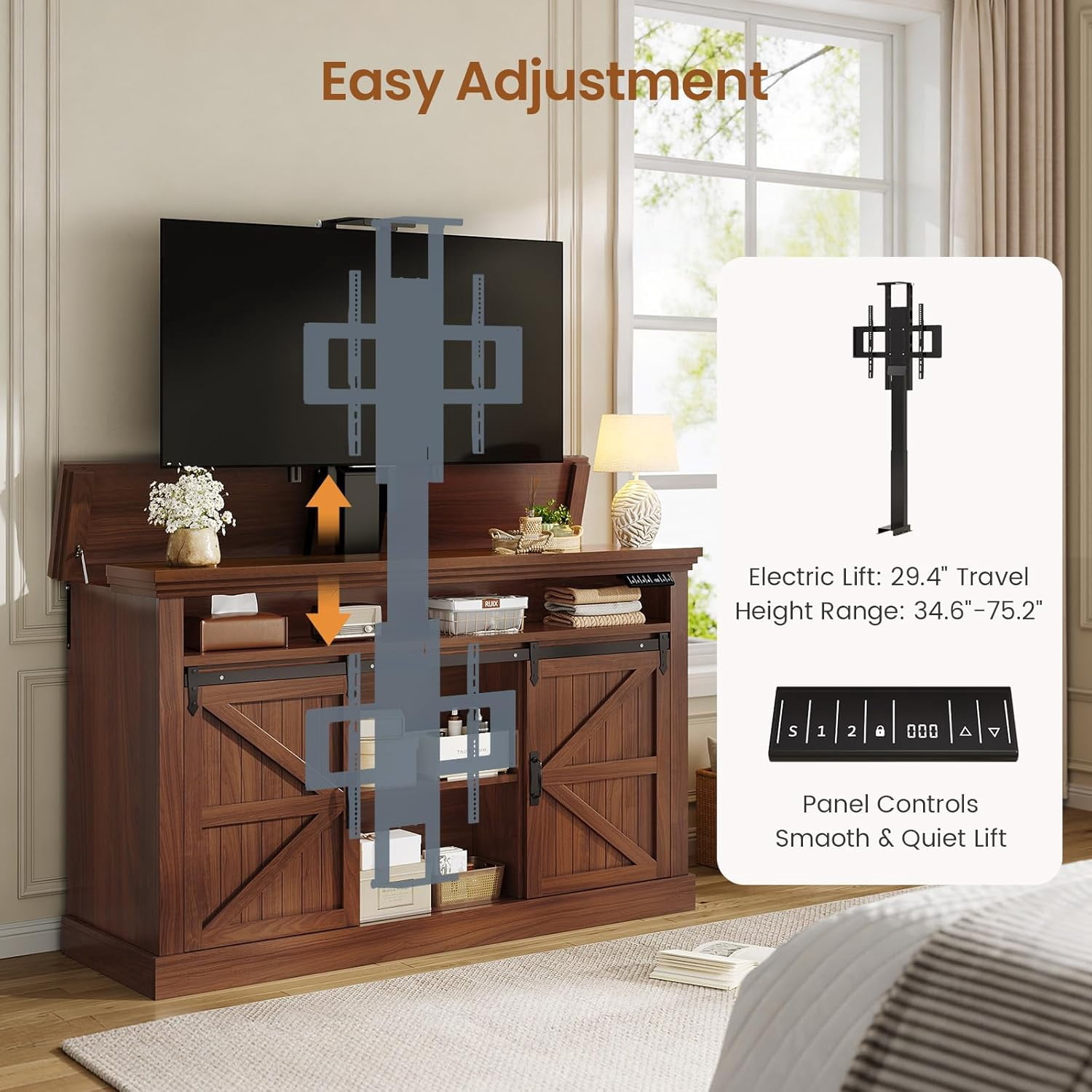 Motorized TV Lift Cabinet for 55-60” TVs, Farmhouse TV Stand, Entertainment Center with Storage Cabinets & Sliding Barn Doors, TV Media Console Table with Charging Station for Living Room, Brown