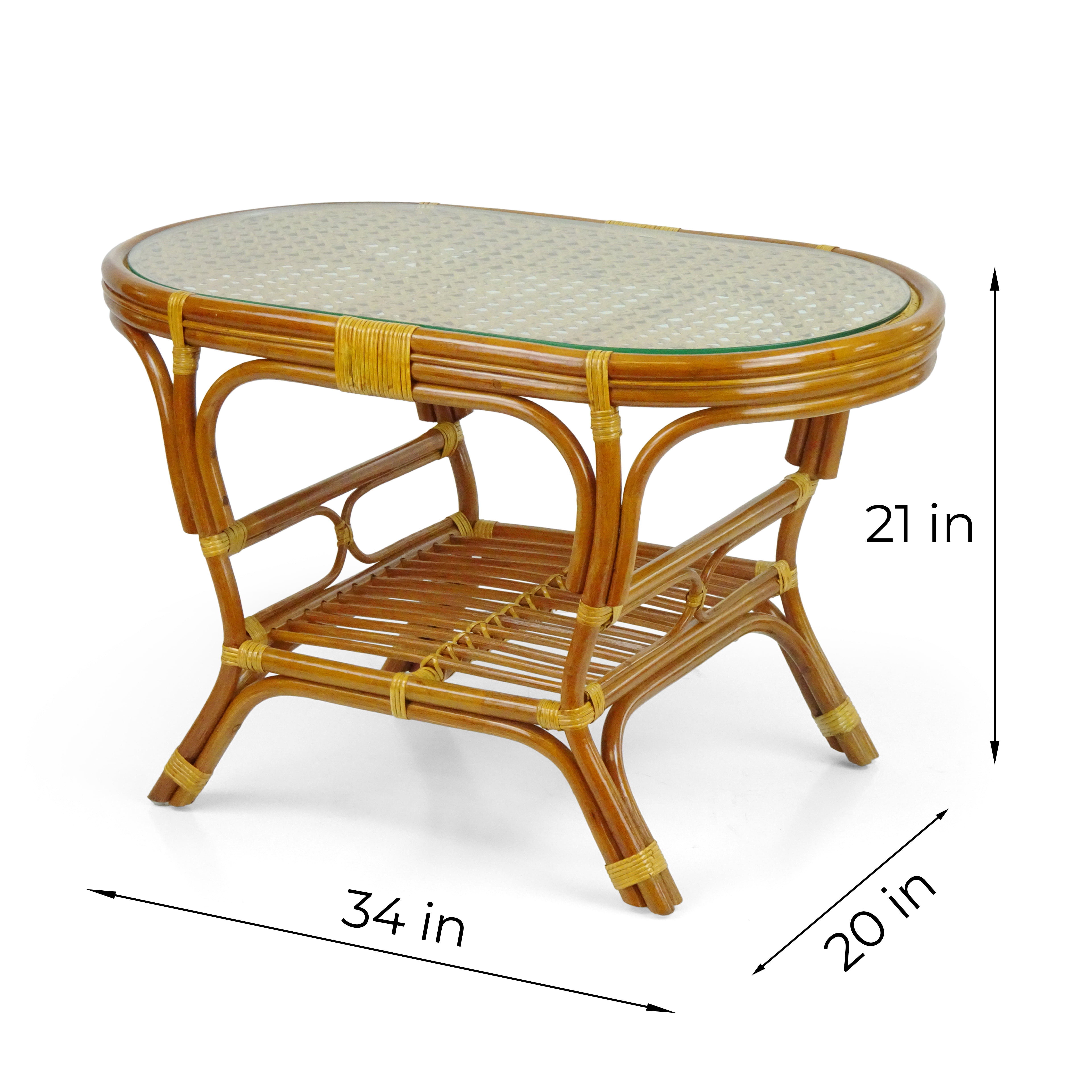 SK New Interiors Pelangi Coffee Oval Table w/ Glass Top Natural Rattan Wicker ECO Handmade Design, Colonial