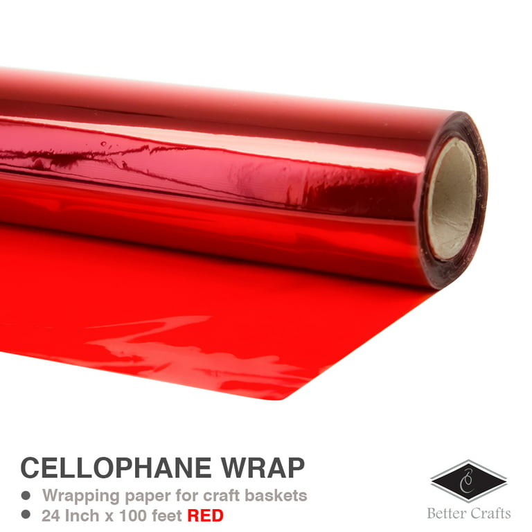 Cellophane Wrap 24Inch x 100'Ft Mylar Sheet Cellophane Roll Great Wrapping  Paper for Craft Basket(Red)