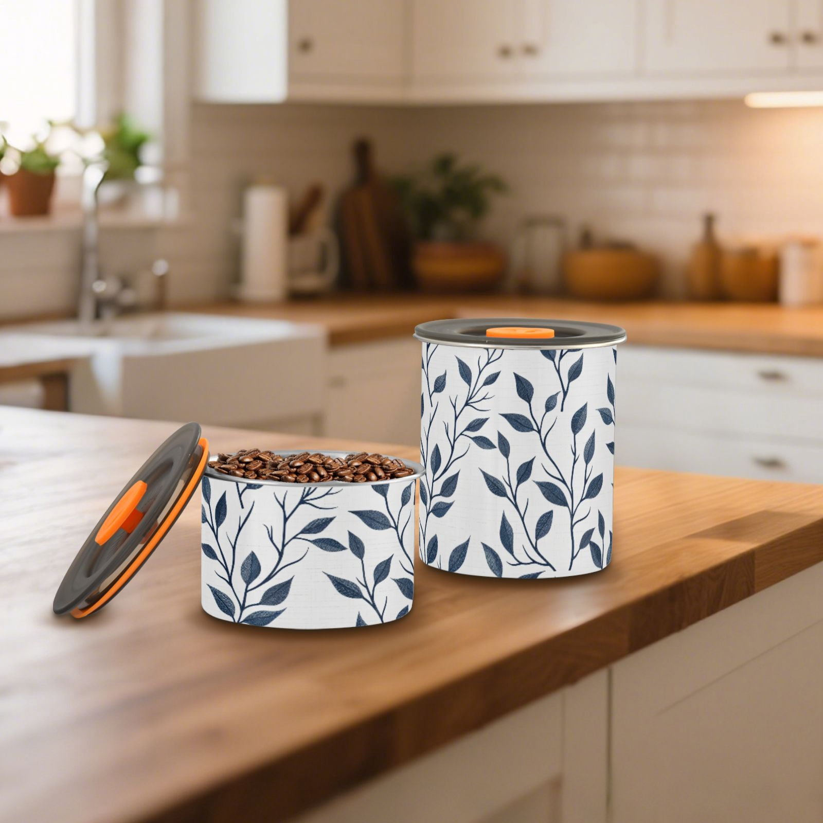 Blue Branch Leaves Airtight Coffee Bean Canister 30oz Food Storage Containers with Lids For Gournd, Tea, Sugar, Flour, Rice, Cereal, Candy Cookie Jar