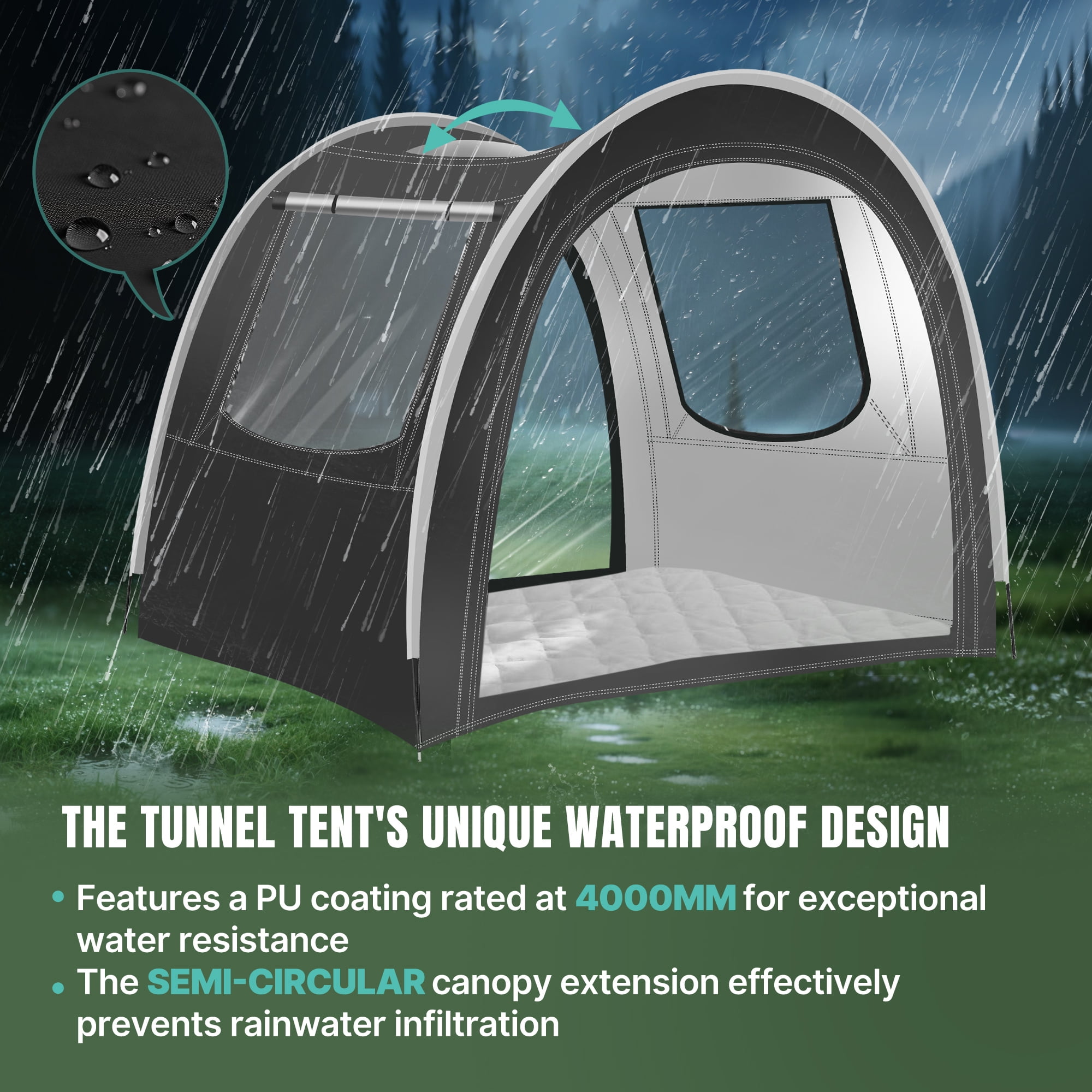 Tunnel-style camping tent, 3-4 person extra spacious, mesh breathable / PVC waterproof / Oxford fabric wear-resistant material, top skylight design, portable lightweight and easy to install