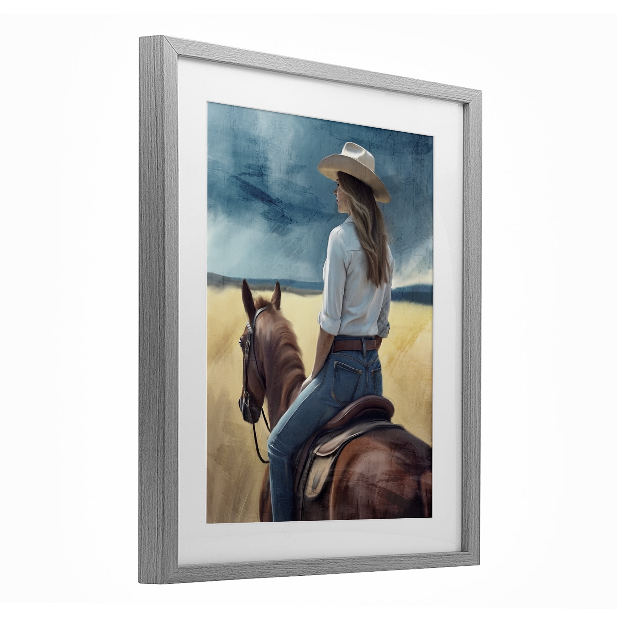 Countryside Cowgirl View Gray Framed Print Under Glass, design by Kim Allen