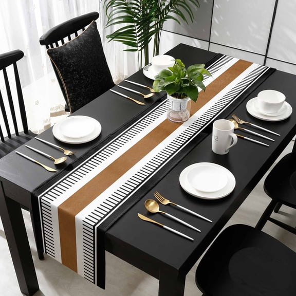 Modern Brown Black Cotton Linen Table Runner 18 x 72 inch Boho Contemporary Geometric Striped Non-slip Rectangular Dining Table Decor for Wedding Party Holiday Dinner