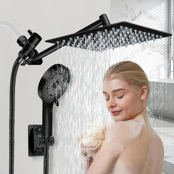 Shower Head Combo 12Inch High Pressure Rain Shower Head with 11 Inch Adjustable Extension Arm and 3 Settings Handheld Shower Head Combo with Long Hose