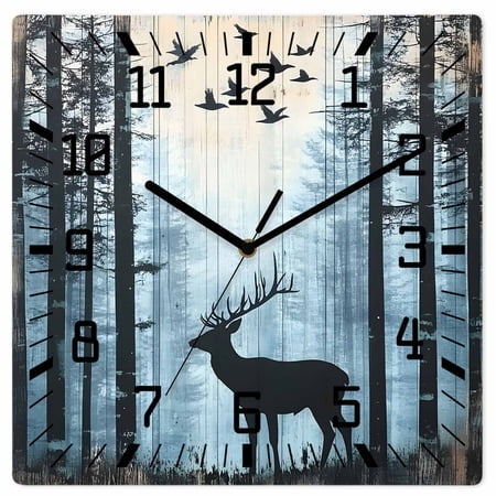 Forest Elk Wooden Wall Clock Silent Non Ticking, Deer Birds Nature Tree Antlers Mountain Square Wall Clocks Battery Operated, Decor Clock for Home Office, Living Room, Kitchen, 12 Inch