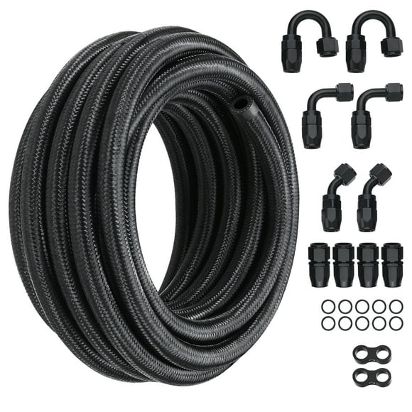 KFFKFF 6AN Fuel Line Set, 20 FT Fuel Hose Assembly, 0.34" Nylon Stainless Steel Woven Fuel Line for Oil/Gas/Diesel, Complete with 12 PCS Rotating Fitting Adapter Set, Black