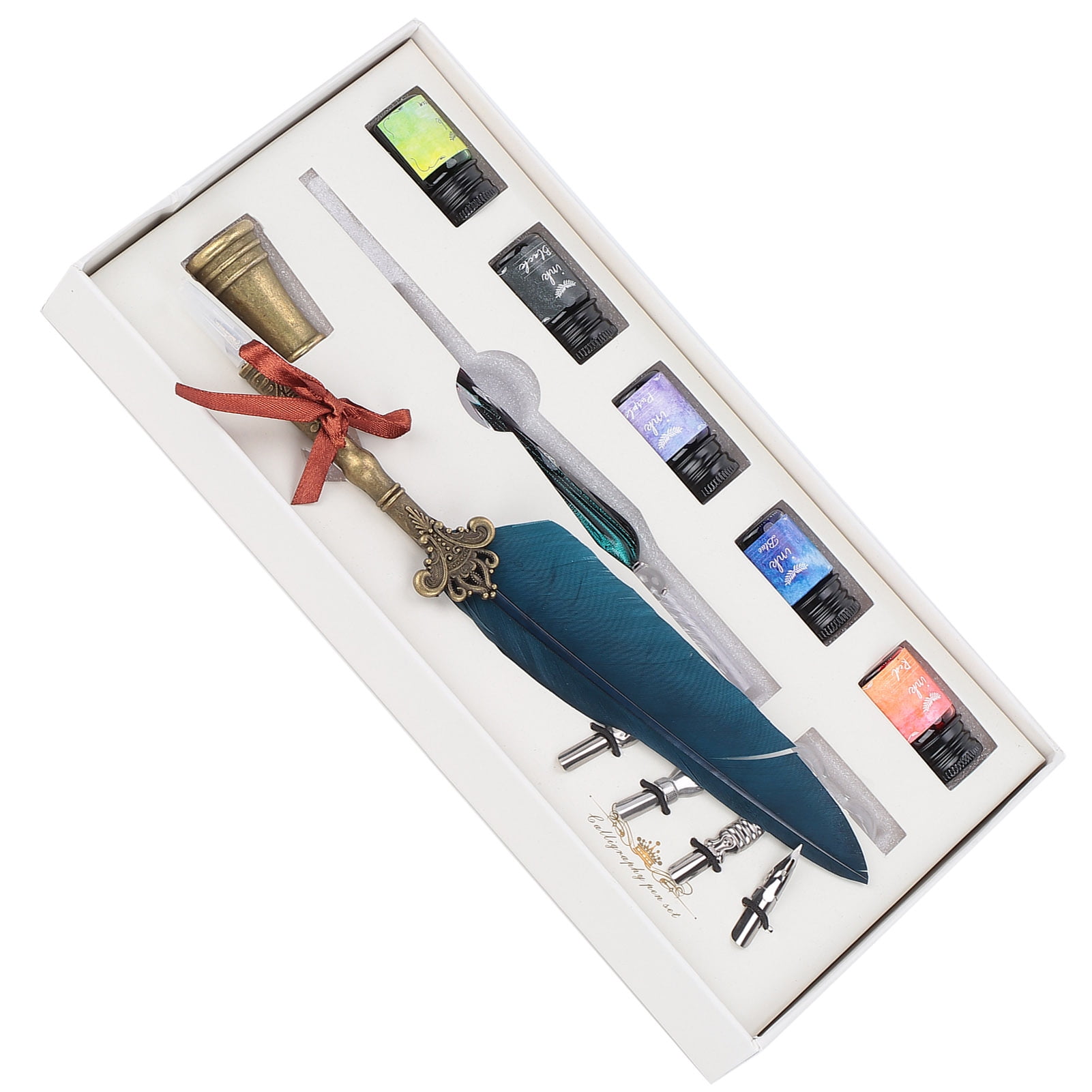 Riousery Calligraphy Pen Set Glass Ink Feather Fountain Pen with Replaceable Nibs Writing Gift Box Kit Navy