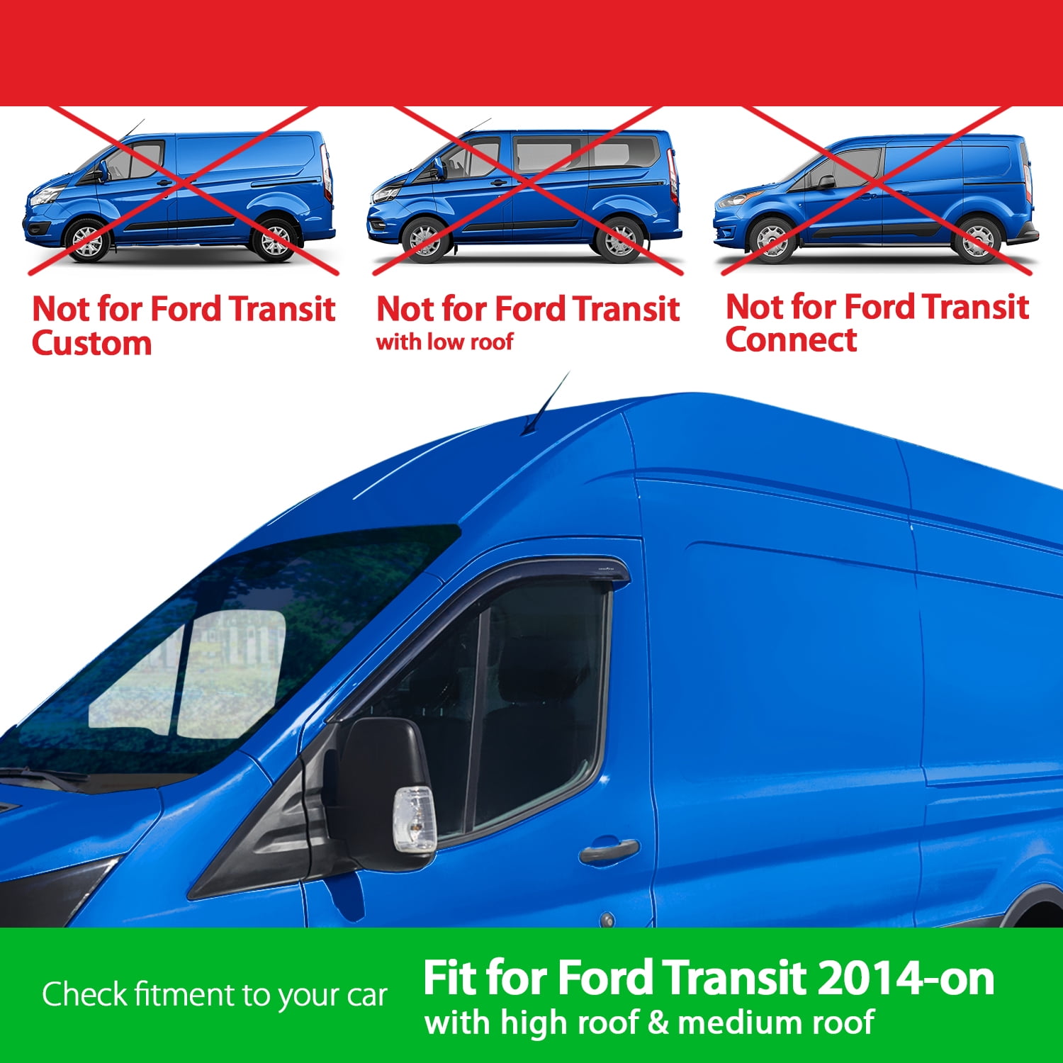 Goodyear Shatterproof Window Deflectors for Ford Transit 2014-2025, Tape-on Rain Guards, Window Visors, Vent Deflector,Vent Visor, Car Accessories, 2pcs - GY003242LP