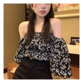 thumbnail image 3 of Top con hombros descubiertos Manga abombada Estampado lindo Estilo corto Cintura elástica Encantador de moda para fiestas Compras Vacaciones Negro M, 3 of 8