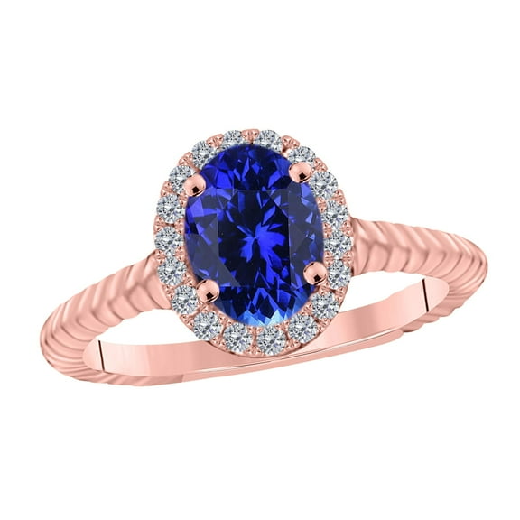 Mauli Jewels Rings for Women 1 Carat Diamond and Oval Shape Tanzanite Ring 4-Prong 10K Rose Gold