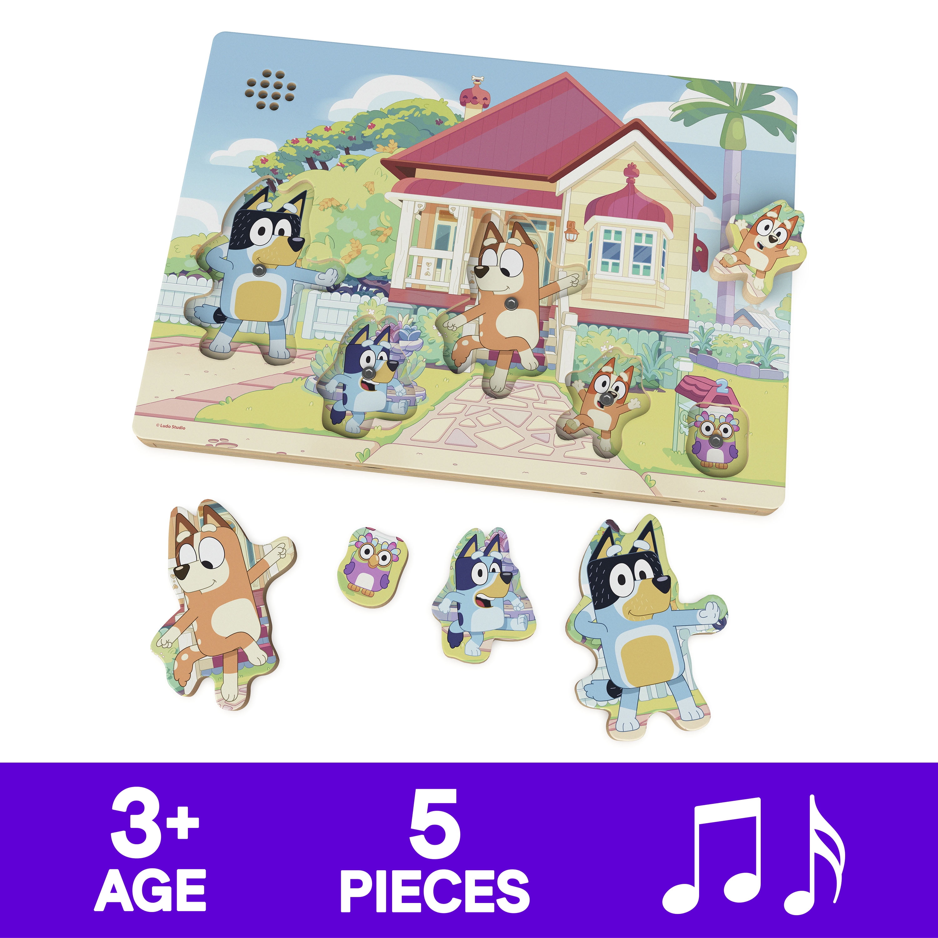 Spin Master Games, Puzzle sonore Bluey, puzzle en bois de 5 pièces pour les tout-petits et les enfants, mettant en vedette Bluey et sa famille avec des effets sonores tirés du dessin animé, jouet d'ap