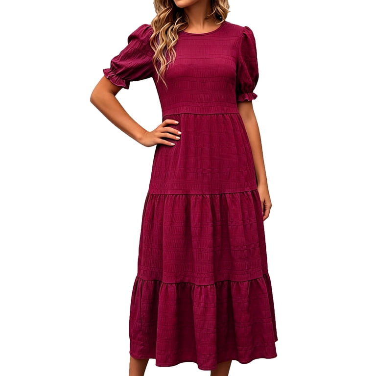 Burgundy Wine Women Crewneck Dress for Teen Girls Short Sleeve Ruched Peplum Tie Dye Tiered Plain Midi Knee High Fall Summer Dress 2026 Clothes Trendy Regular Fit S