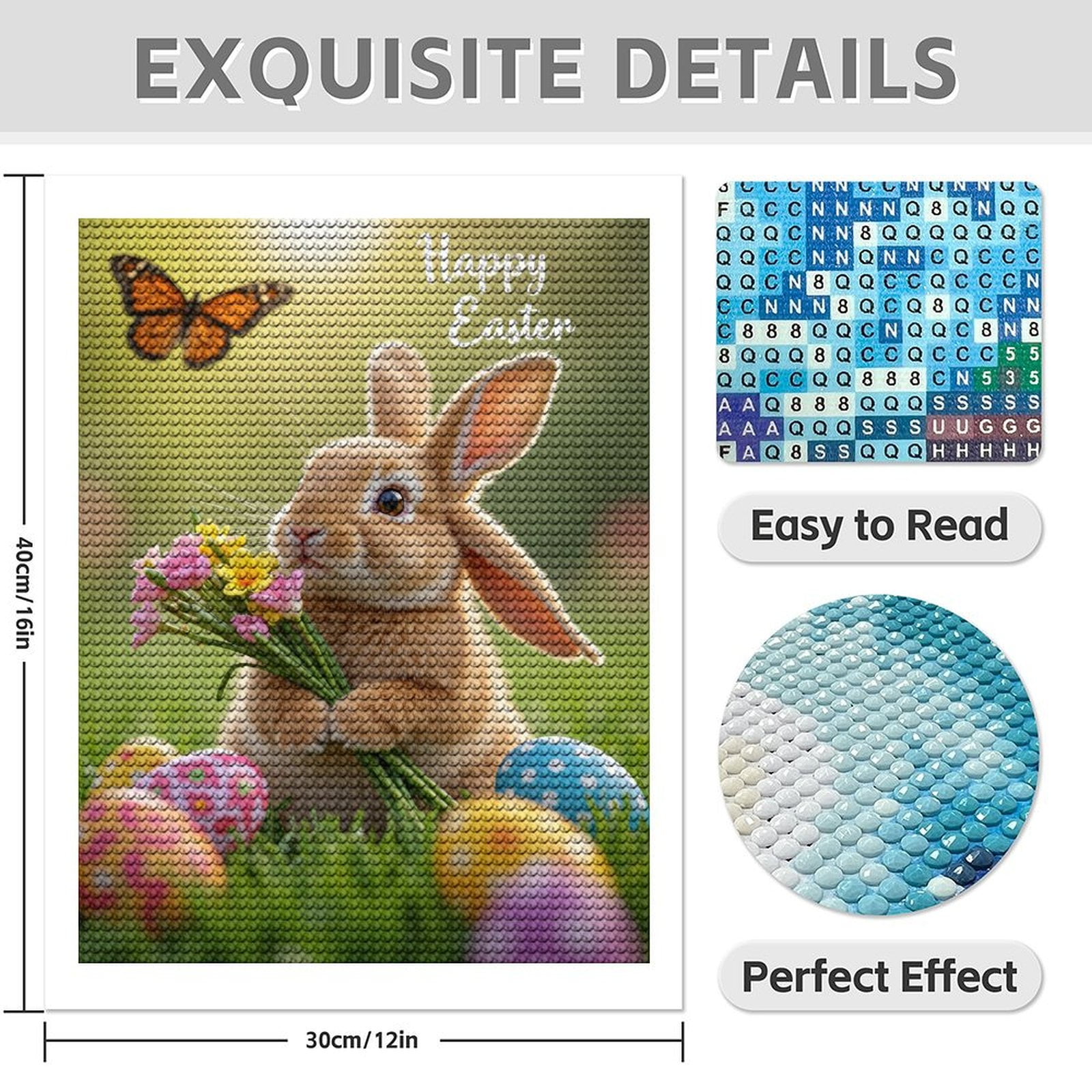 Diamond Art Kit for Adults, Easter Bunny Flowers Butterfly Eggs Diamond Painting for Adults Beginners, 5D DIY Diamond Art Painting Kits, Colorful Diamond Painting Craft for Home Decor 12x16