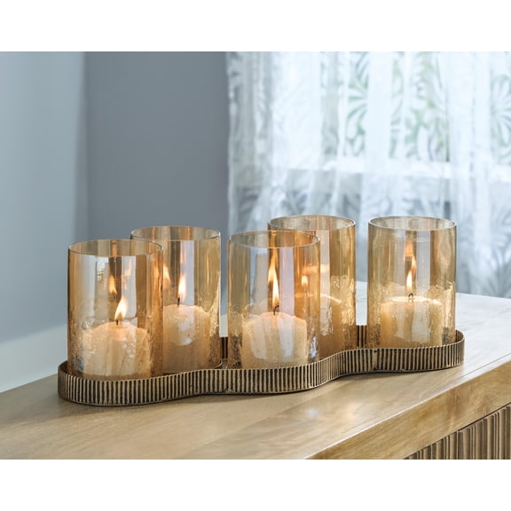 Signature Design by Ashley Evereton Candle Holder, Antique Gold Metal Base with Amber Glass, 5-Pillar Centerpiece