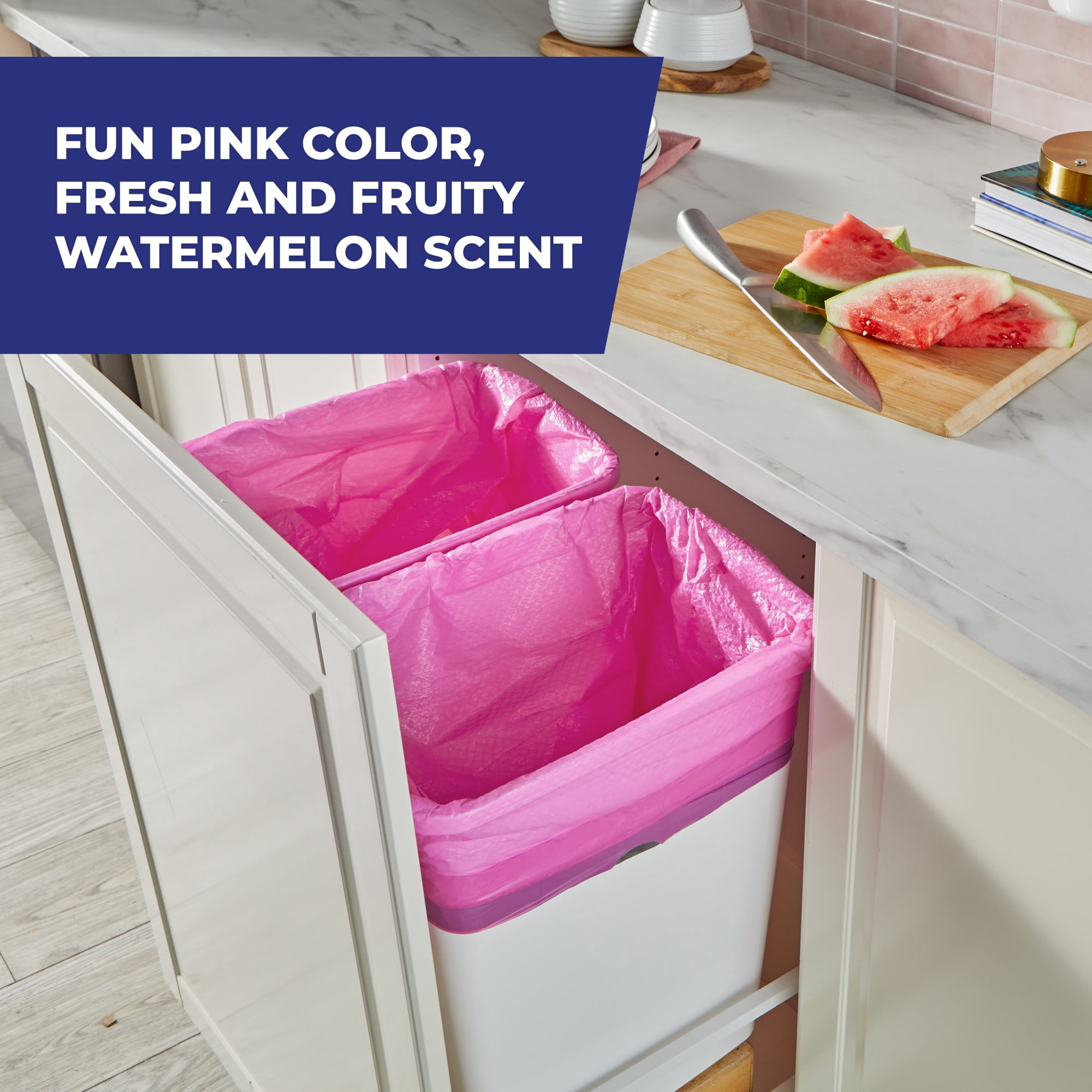 (3 pack) Hefty Ultra Strong 13 Gallon Trash Bags, Tall Kitchen Trash Bags, Pink, Fabuloso Watermelon Scent, 80 Bags