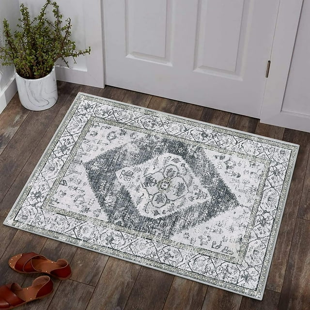 HAHDAXIA Boho Washable Rugs for Entryway - 2x3 Small Non-Slip Kitchen Rug Throw Lightweight Area Rugs for Bedroom Grey Print Oriental Distressed Bathroom Mat Floor Doormat Carpet for Laundry