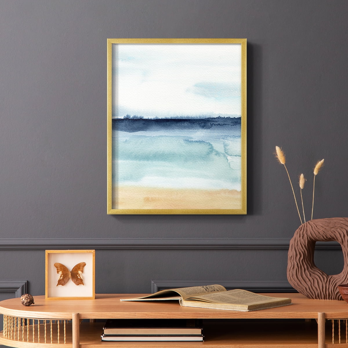 Watercolor Ocean Horizon I Framed Print in Gold Solid Wood 8 x 10 Framed Print