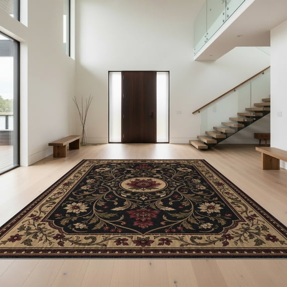 Design&I 8'x10' Washable Area Rug Black and Burgundy Floral Elegance Intricate Vintage-Inspired Botanical Motif for Dining Room, Large Office, Lounge, Snag-Free