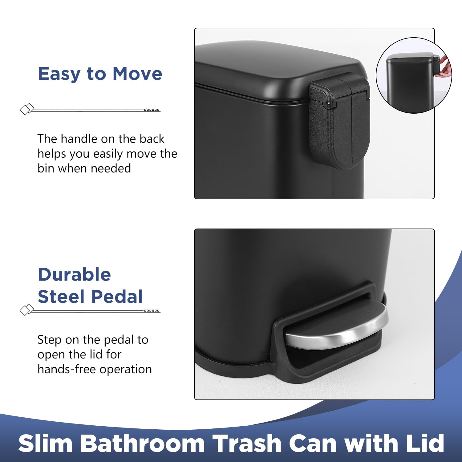 5 L / 1.3 Gallon Trash Can with Lid,Step Pedal Trash Bin Slim Trash Can Stainless Steel Garbage Can with Removable Inner Bucket for Small Spaces, Black (2 Pack)