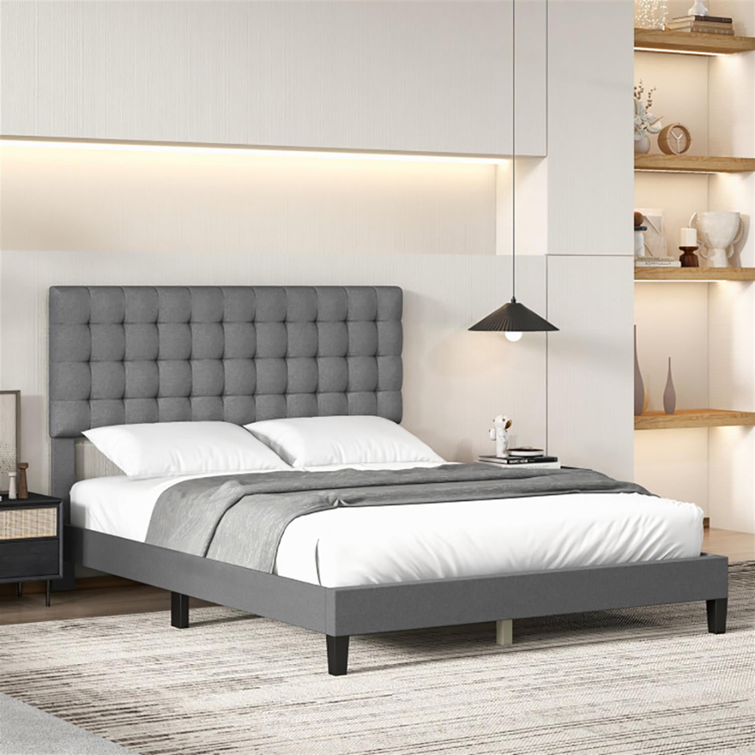 Demi Bonn Queen Size Upholstered Platform Bed Frame with Square Stitched Headboard and Wooden Slats Support, Fully Upholstered Mattress Foundation, Gray