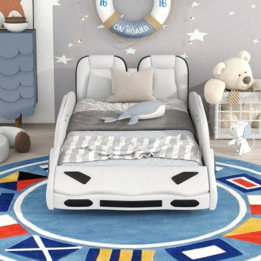 Twin Size Race Car - Shaped Platform Bed with Wheels, White