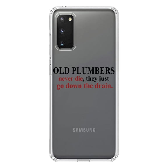 DistinctInk Clear Shockproof Hybrid Case for Galaxy S20 / S20 5G (6.2" Screen) - TPU Bumper Acrylic Back Tempered Glass Screen Protector - Old Plumbers Never Die - Down the Drain