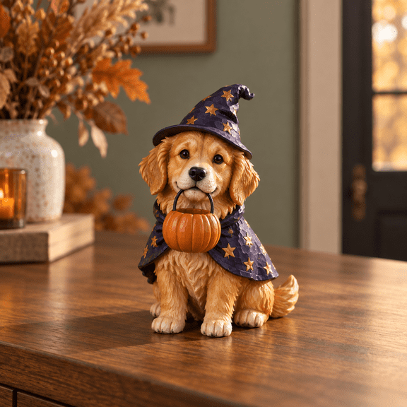 Tabletop Decor Golden Retriever Witch Dog, 3 Layer Wooden Halloween Accent for Pet Lovers
