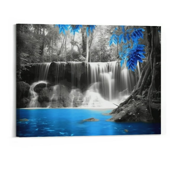 Creowell  Forest Pictures Canvas Print Black and White Blue Waterfall Landscape Photo Painting Wall Art for Home Living Room Bedroom Decorations Stretched Framed Ready to Hang -20x16inch