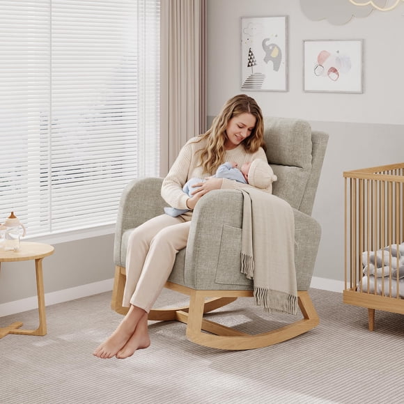 Modern Rocking Chair for Living Room, Bedroom, or Nursery – Linen Glider Accent Armchair with High Back, Side Pockets & Pillow – Supportive and Comfortable – Light Gray Linen Without Footrest