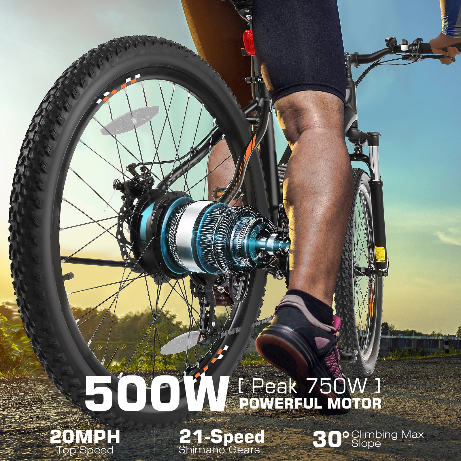 Gocio 500W 26" Electric Bike, 2.1" Electric Mountain Bike for Adults, 499Wh 48V 10.4Ah Battery 19.8MPH 3H Fast Charge Ebike, LCD Display, Lockable Suspension Fork, Shimano 21 Speed UL2849 Certified
