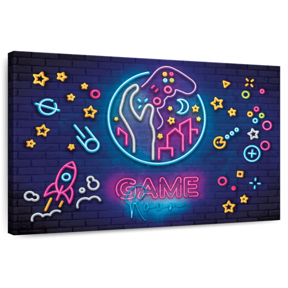 Elephant Stock Game Room Neon Symbols Wall Art - Horizontal Canvas Wall Art - Living Room Wall Decor - Pop Culture Canvas - Yellow And Pink Decor - 12" x 8"