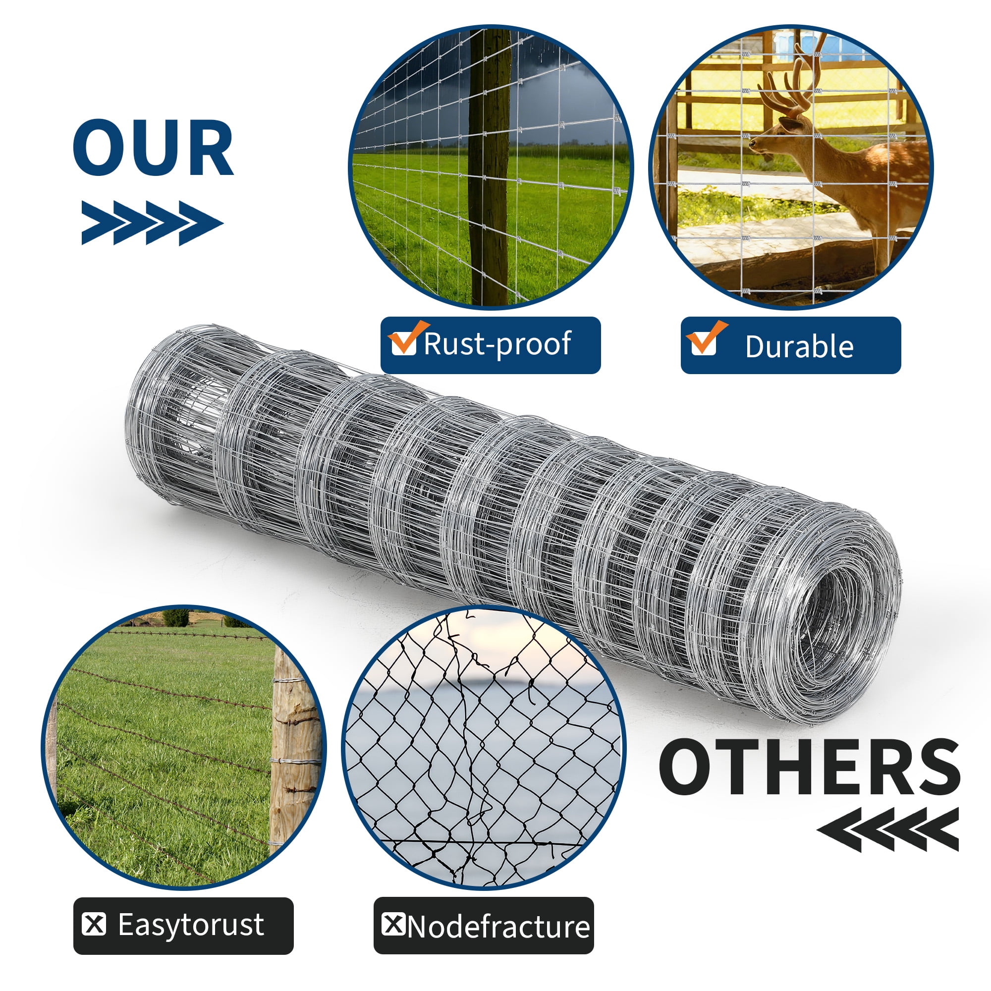 Gaderth 6Ft x 100Ft Heavy-Duty Galvanized Wire Livestock Fence, Durable Metal Mesh for Cattle, Goat & Deer Protection, Corrosion-Resistant Farm & Yard Barrier