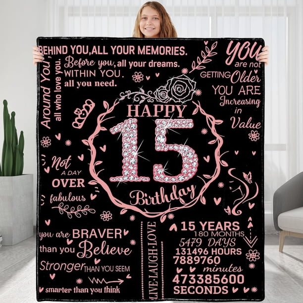 LHSHID 15th Birthday Blanket Gifts for Girls Happy 15th Birthday Gift Ideas for Her 15 Year Old Gifts for Daughter Sister Bestie Personalized Flannel Fleece Soft Throw Blanket 60"x80"