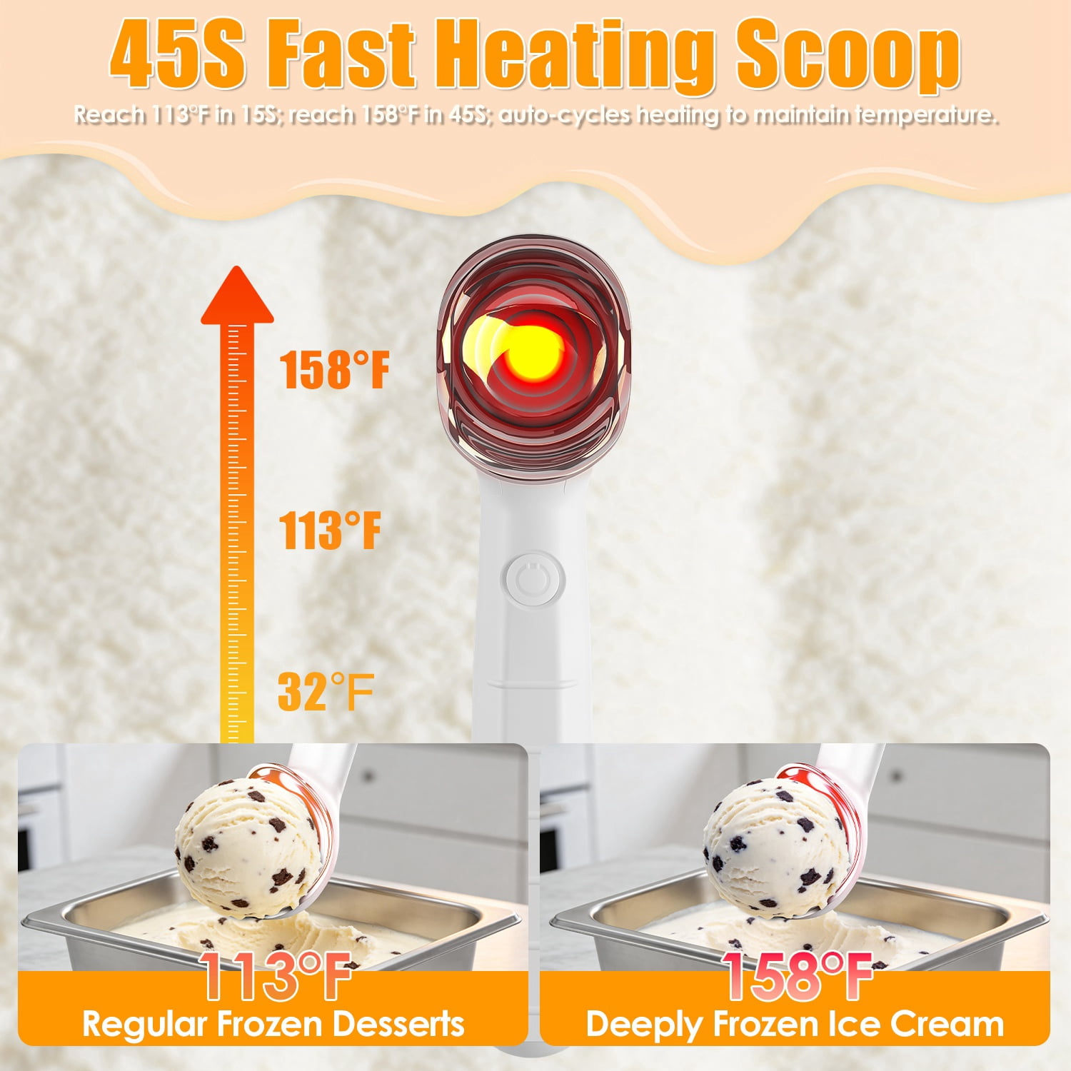 Rechargeable Heated Ice Cream Scoop 45s Fast Heating Up to 158°F, 2000mAh Cordless Self Heating Ice Cream Scooper with 5 Mins Auto Shutoff, Non-Stick Scoop for Gelato Frozen Yogurt Café Home Party